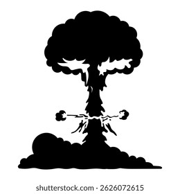 Silueta negra de la explosión nuclear aislada en fondo transparente. Detonaciones atómicas, erupciones ardientes, efectos de ondas de choque. Guerra, gráficos de catástrofe. Explosiones de Vector, explosiones de fuego