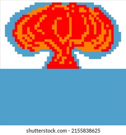 Nuclear explosion in the blue sea with pixel art. Vector illustration.