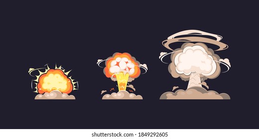 Nuclear explosion bomb blast in flat style collection, nuke atomic explode blast mushroom collection.