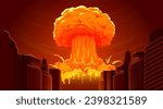 Nuclear explosion bomb. Radioactive apocalypse cloud mushroom in city. Cartoon atomic nuke blast, fiery burning catastrophe, destruction town. Vector illustration. Skyscrapers with flame and smoke
