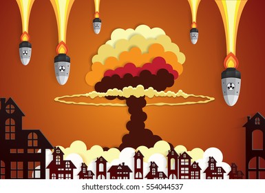 Nuclear explosion bright orange fiery mushroom cloud cap in city center,paper art style