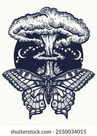 Nuclear explosion and butterfly Symbol of war and peace, harmony and rage, good and evil, life and death. Esoteric tattoo and t-shirt design