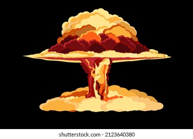 Nuclear Explosion. Cartoon Retro poster. Mushroom cloud. Vector illustration. Atomic bomb blast isolated on black background. Nuclear war graphic element.