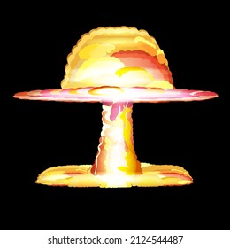 Nuclear Explosion. Cartoon Retro poster. Mushroom cloud. Vector illustration. Atomic bomb blast isolated on black background. Nuclear war graphic element.
