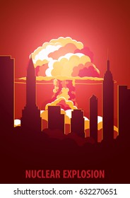 Nuclear Explosion. Cartoon Retro poster. Mushroom cloud. Vector illustration