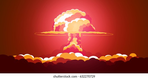 Nuclear Explosion. Cartoon Retro poster. Mushroom cloud. Vector illustration