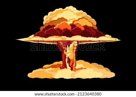 Nuclear Explosion. Cartoon Retro poster. Mushroom cloud. Vector illustration. Atomic bomb blast isolated on black background. Nuclear war graphic element.