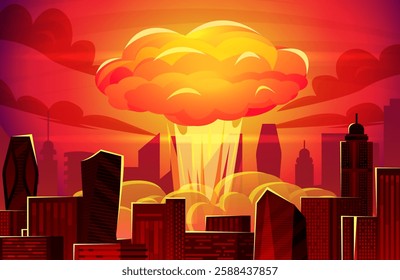 Nuclear explosion in city. Atomic bomb blast cloud mushroom cartoon comic background, explosive boom apocalypse damage buildings war conflict nuke weapon swanky vector illustration original artwork