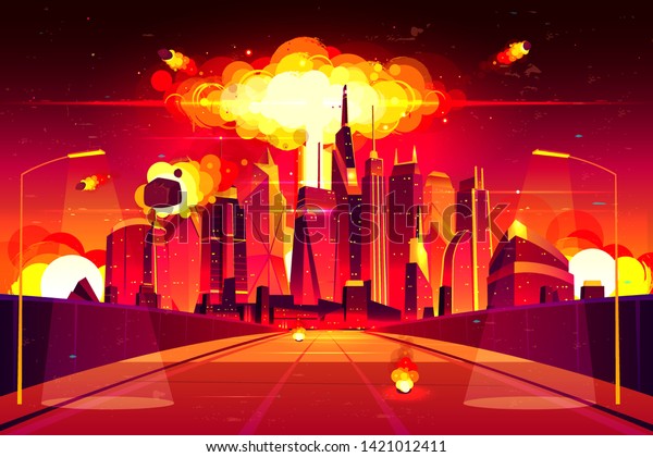 都市の核爆発 高層ビルの下で起こる原爆の炎のキノコ雲 燃えるスプリンタ橋の町の正面を破壊 漫画のベクターイラスト のベクター画像素材 ロイヤリティフリー