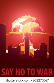 Nuclear Explosion in the city. UK Say no to war. Cartoon Retro poster. Vector illustration