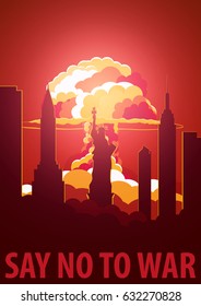 Nuclear Explosion in the city. USA Say no to war. Cartoon Retro poster. Vector illustration