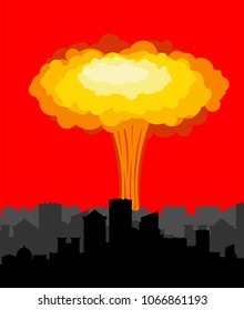 Nuclear explosion in city. War in town. large red explosive chemical mushroom.