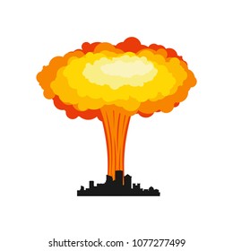 Nuclear explosion in city. War in town. large red explosive chemical mushroom.