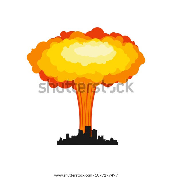Nuclear explosion in city. War in town. large\
red explosive chemical\
mushroom.
