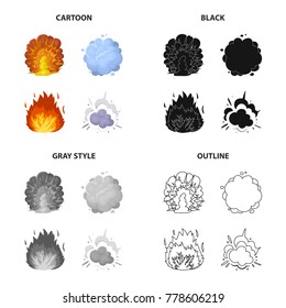 Nuclear explosion, flash, flame. Various types of explosions set collection icons in cartoon black monochrome outline style vector symbol stock illustration web.