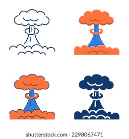 Nuclear explosion icon set in flat and line style. Atomic bomb symbol. Mushroom cloud, radiation. Vector illustration