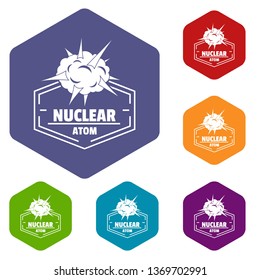 Nuclear explosion icons vector colorful hexahedron set collection isolated on white 