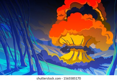 Nuclear explosion in the mountain landscape. Blast wave. Huge volumes of smoke and sparks of fire. Colorful scenery background. Vector illustration