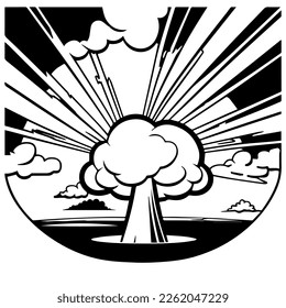 Nuclear explosion mushroom in cartoon black and white style for coloring. Vector illustration