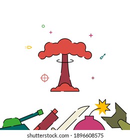 Explosión nuclear, hilo vector de línea llena de hongos, ilustración simple, borde inferior relacionado con armas.