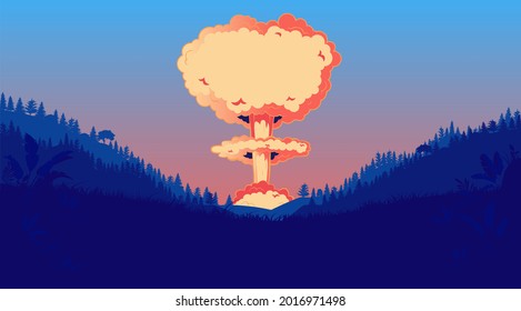 Nuclear explosion with mushroom cloud in nature landscape, vector illustration