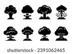 Nuclear explosion mushroom cloud set icon. Atomic bomb war, symbol end of the world isolated on white background. Vector illustration