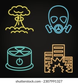 Das Neonsymbol der Atomexplosion ist im Strichstil eingestellt. Atombombe, Hauszerstörung. Vektorgrafik.