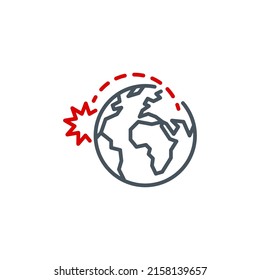 nuclear explosion on planet earth after missile rocket attack single outline icon isolated on white. outline symbol rocket attacks. design element war with editable thin line stroke. strike pictogram