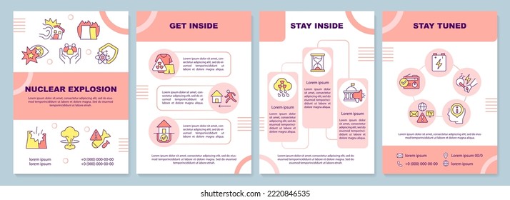 Nuclear explosion pink brochure template. Accident danger. Leaflet design with linear icons. Editable 4 vector layouts for presentation, annual reports. Arial-Black, Myriad Pro-Regular fonts used