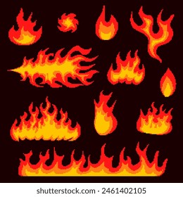 Nuclear explosion. Pixel art 8 bit fire objects. Mushroom cloud. Game icons set. Comic large boom flame effects. Bang burst explode dynamite. Lit match and bonfire. Digital icons. Vector illustration.