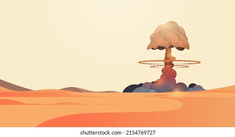 nuclear explosion rising fireball of atomic mushroom cloud in desert apocalipce detonation dangerous destruction stop war