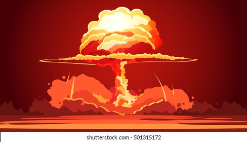 Nuclear explosion rising orange fireball of atomic mushroom cloud in desert weapon test retro cartoon poster vector illustration  
