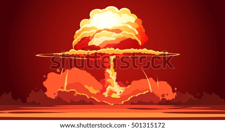 Nuclear explosion rising orange fireball of atomic mushroom cloud in desert weapon test retro cartoon poster vector illustration  