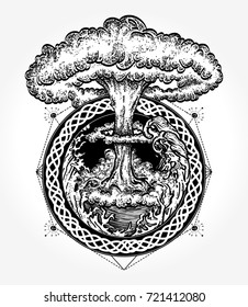 Nuclear explosion tattoo art. Symbol of destruction and death, end of world, last war 