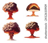 Nuclear explosion. Vector art of the atomic bomb. Huge mushroom cloud. Explosive destruction