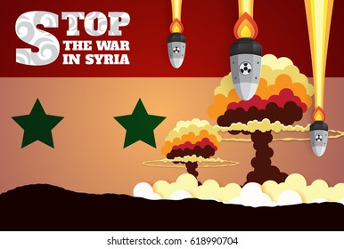 Nuclear explosion war fiery mushroom in Syria,paper art style