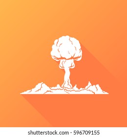 Nuclear explosion white silhouette concept with long shadow effect on light orange background isolated vector illustration