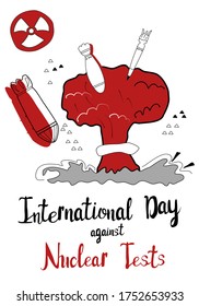 Nuclear explosion,mushroom cloud and shock wave.International Day against Nuclear Tests 29th august vector poster in hand drawn doodle style.Warheads, nuclear weapon, hydrogen bomb around hypocentrer.