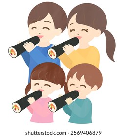 Nuclear family of 4 people holding and eating with ehomaki-japanese traditional food(a kind of Sushi)