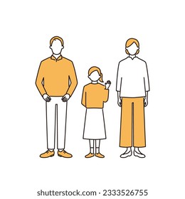 Nuclear Family. father, mother and daughter. simple full body illustration