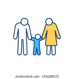 Nuclear family RGB color icon. Basic social unit. Two parents and toddler. Parental rights. Adopting child. Social, emotional health. Partnership, parenthood. Kid custody. Isolated vector illustration