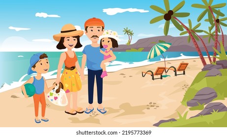 A Nuclear Family Who Wants To Spend Their Summer Vacation By The Sea. Summer Season Holidays, Sunny Days And Sea Pleasure Concepts. Tourism And Tourist Life.