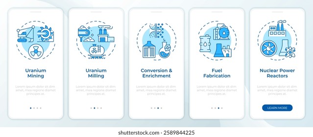 Nuclear fuel cycle blue onboarding mobile app screen. Power. Walkthrough 5 steps editable graphic instructions with linear concepts. UI, UX, GUI template