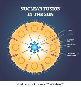 Nuclear Fusion In Sun And Star Structure With Zones Outline Diagram. Labeled Educational Physics Scheme With Fusion, Gravity, Radiative, Convective And Thermonuclear Energy Core Vector Illustration.