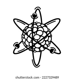 Vektorsymbol für Kernfusion. Molekül mit Kern, Umlaufbahn, Elektronen. Illustration einzeln auf Weiß. Physikalisch-chemisches Verfahren, Schmelzen von Partikeln. Einfache Umrisse, Line Art. Clipart für Logo, Apps