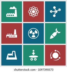 Nuclear icon. collection of 9 nuclear filled icons such as atom, factory, rocket bomb. editable nuclear icons for web and mobile.