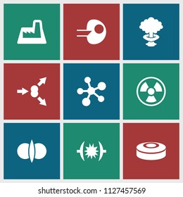 Nuclear icon. collection of 9 nuclear filled icons such as factory, smoke bomb, atom fusion, atom move, core, atom, pressure. editable nuclear icons for web and mobile.