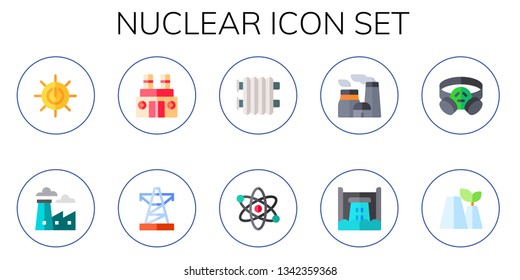 nuclear icon set. 10 flat nuclear icons.  Collection Of - solar energy, industry, factory, power line, radiator, atom, nuclear plant, hydro power, gas mask