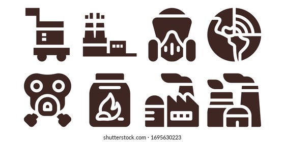 nuclear icon set. 8 filled nuclear icons. Included Gas mask, Carrier, Coal, Factory, Nuclear plant, Geothermal icons