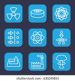 Nuclear icon. set of 9 outline nuclear icons such as factory, radiation, smoke bomb, atom, atom move